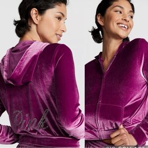NWOT Victoria’s Secret Pink Purple Velour Shine Logo Full Zip Crop Hoodie